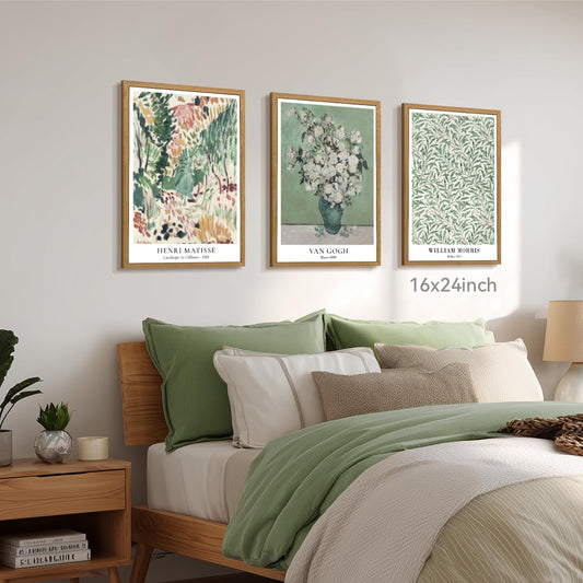 CAZLOUC White Wildflowers Wall Art Set of 3, Neutral Meadow Landscape Wall Decor, Minimalist Mountain Canvas Prints, Beige Rustic Field Paintings for Living Room Bedroom Wood Framed 12x16 Inch