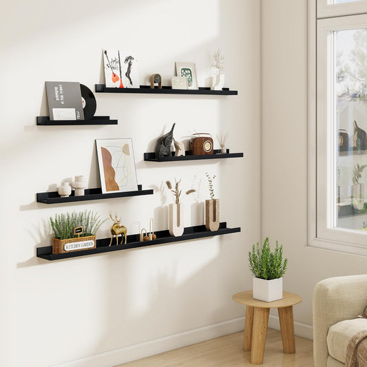 Acovy Picture Ledge Shelf Set of 6, 48 inch Long Large Floating Shelves for Wall with Lip, Wall Mounted Shelves for Living Room, Bedroom, Bathroom, Kitchen, Nursery,Oak