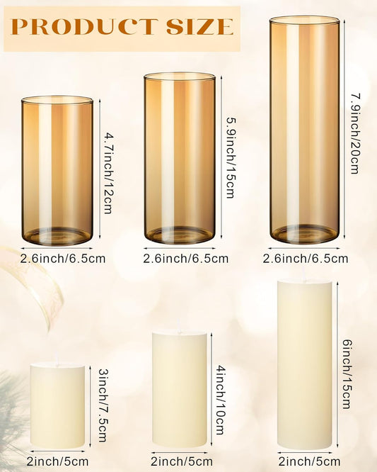 Shihanee 36 Pcs Pillar Candles and Glass Cylinder Vases Tall Cylinder Holders for Pillar Candles Wedding Centerpieces, Total 18 Sets(2.6'' X 4.7'', 5.9'', 7.9'',Clear,Ivory)