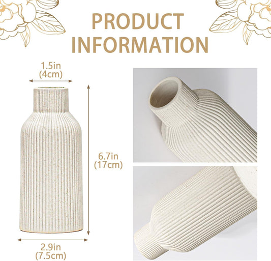 Bohemian White Ceramic Vase - for Pampas Grass, Mantel, Bookshelf, Entryway and Living Room Decor (White, 7in)