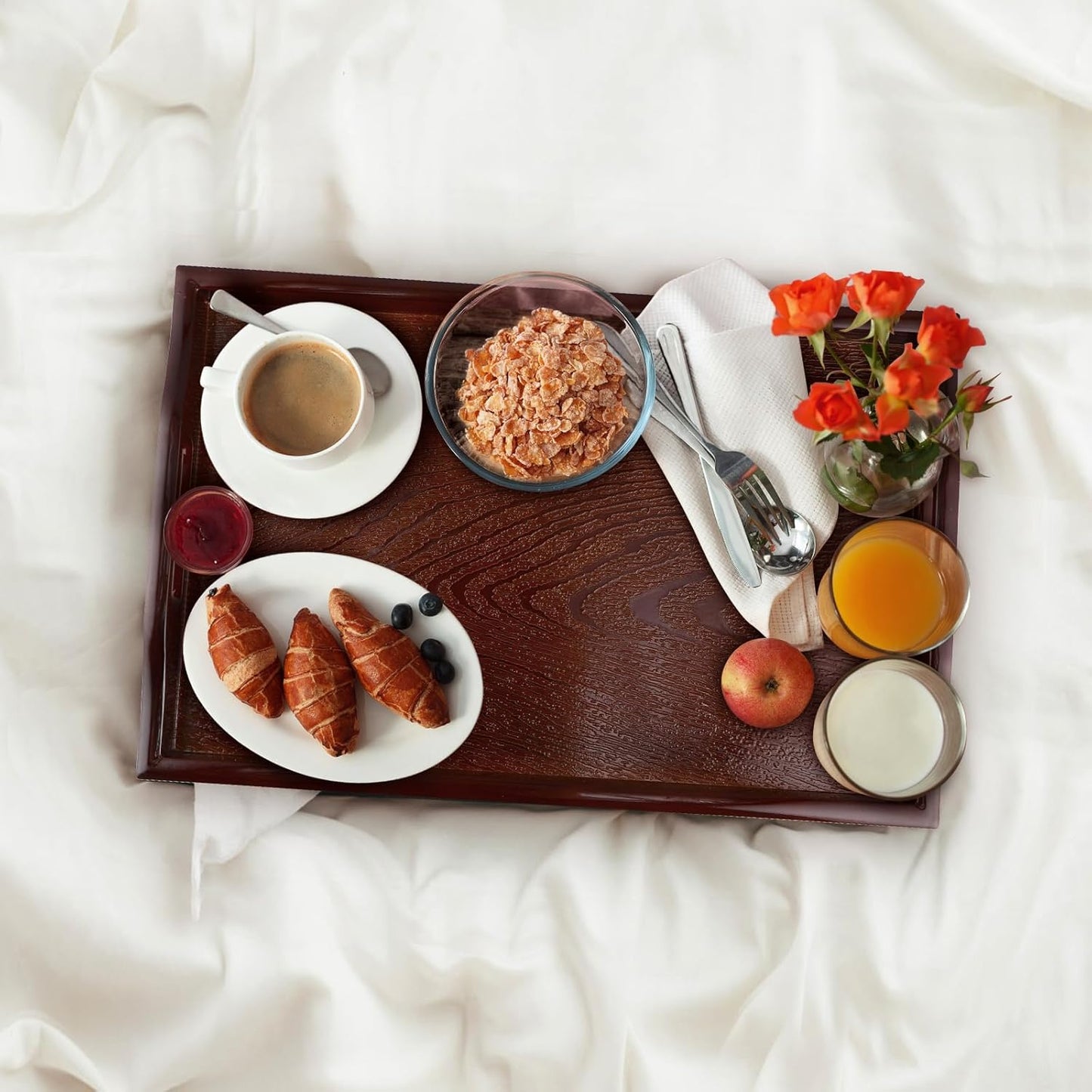 MDLUU Plastic Serving Tray, Ottoman Tray with Cutout Handles, Rectangle Butler Tray for Breakfast in Bed, Coffee Table Decor, Party (Black)