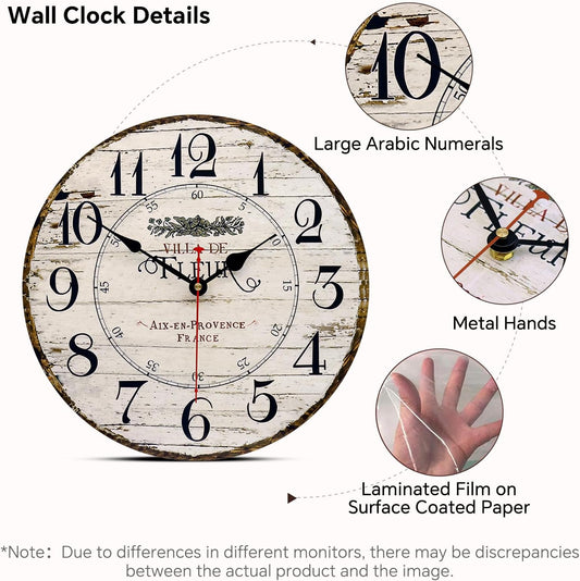 14 Inch Retro Vintage French Country Style Round Wooden Wall Clock Silent Battery Operated Non-Ticking Decorative Clock for Kitchen Farmhouse Bedroom Home Wall