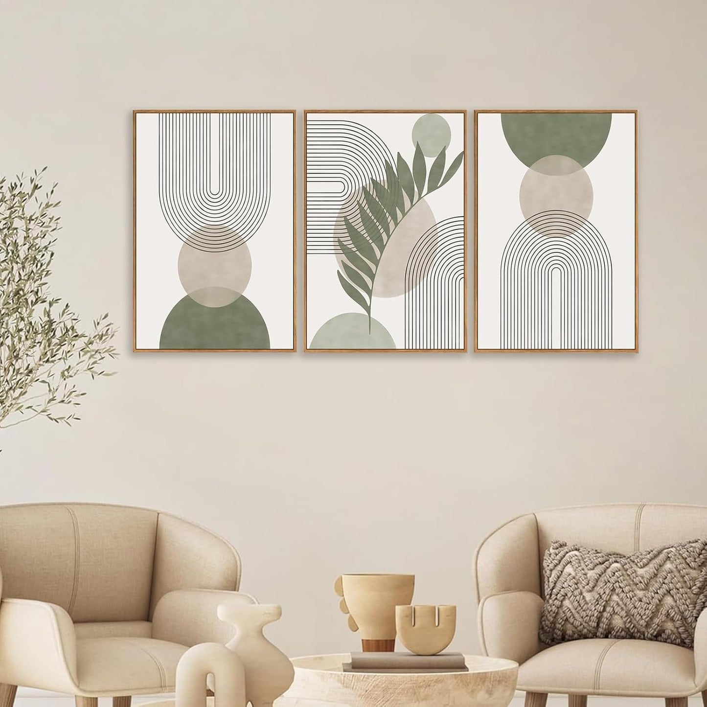Sage Green Boho Wall Art Set of 3, Minimalist Framed Wall Art Geometric Line Leaf Sun Moon Beige Green Canvas Artwork Paintings, Abstract Botanical Boho Room Decor, Office, 12"x16"