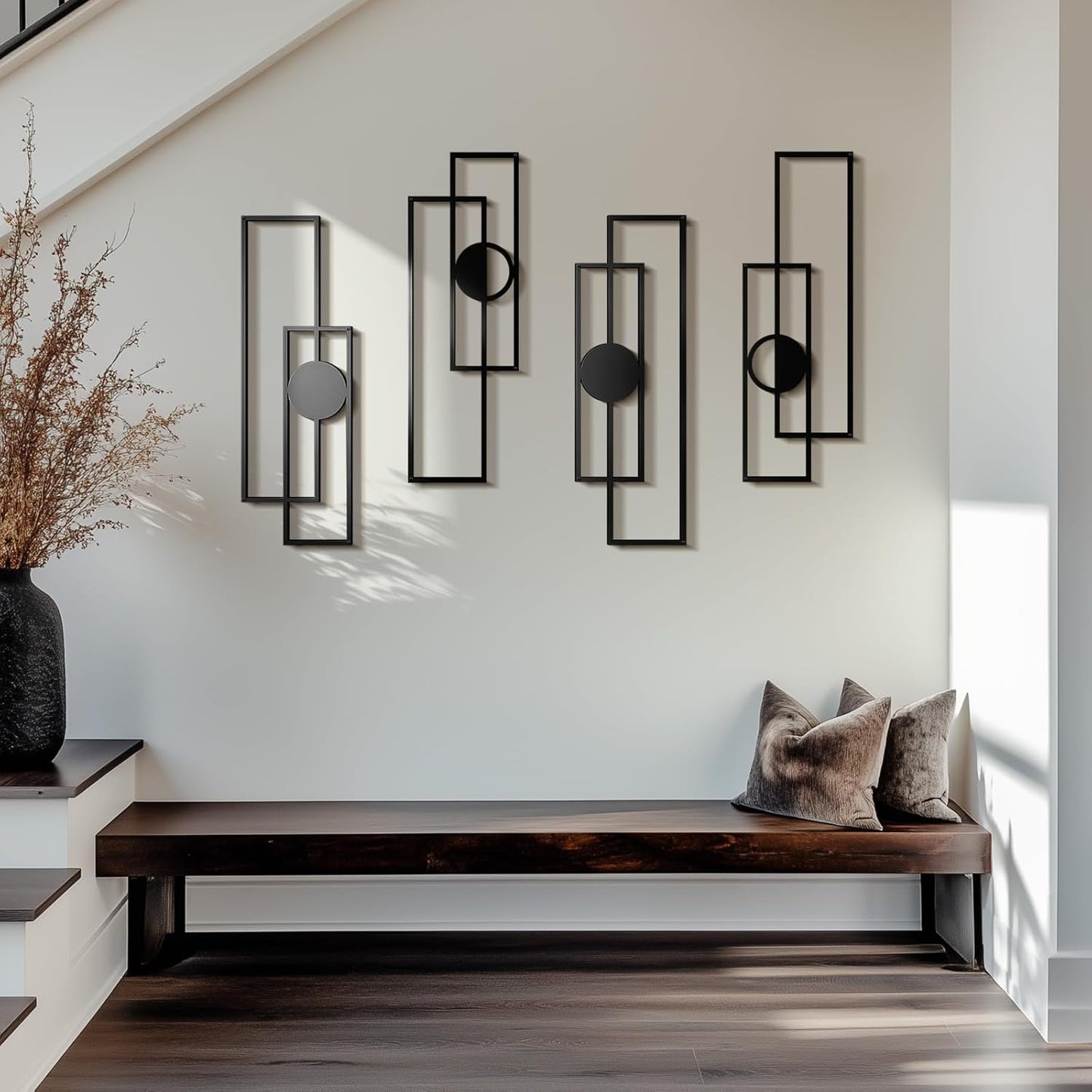 Abstract Black Metal Wall Art Set of 4, Large Modern Geometric Wall Decor with 3D Layered Design, Minimalist Wall Sculptures for Living Room, Bedroom, Bathroom, Kitchen, Hallway