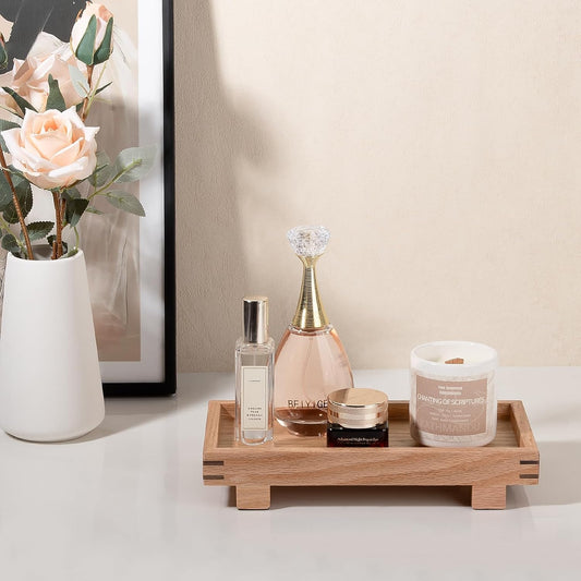 Decorative Tray Small Pedestal Stand Farmhouse Bathroom Decor Wooden Riser Display Stand for Vanity, Kitchen Countertop, Sink, 9.4 * 4.7 Brown