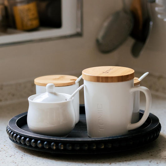 HPC Decor 12in Round Wood Tray - White, Distressed, Farmhouse Rustic - Decorative Tray for Living Room, Coffee Table, Kitchen Table or Farmhouse Serving Tray