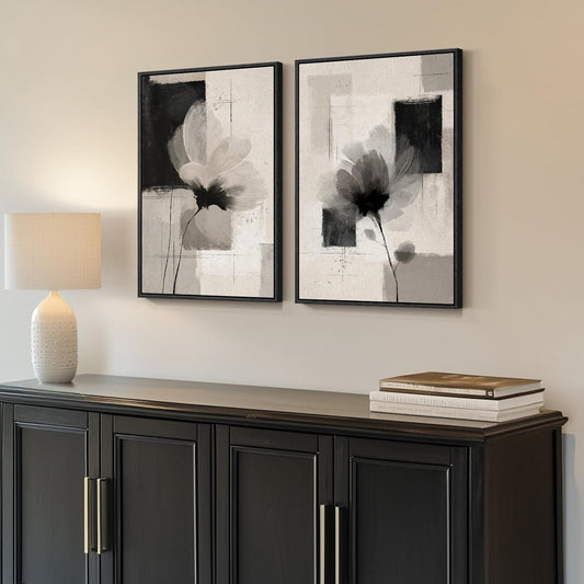 Large Framed Neutral Abstract Wall Art for Living Room, Set of 2 Black and Beige Modern Canvas Prints Paintings Artwork for Walls, Minimalist Block Lines Pictures for Hallway Office Wall Decor 24x36 In