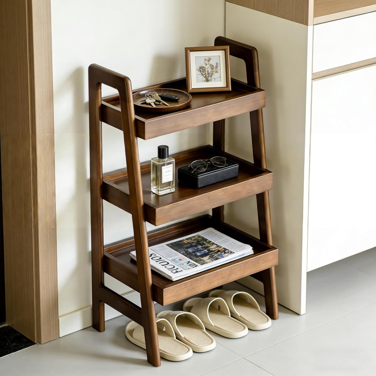 Haotian Solid Wood Ladder Shelf, 3-Tier Walnut Ladder Bookshelf, Small Open Storage Shelf with Anti-Slip Edges, Compact Narrow Bookshelf for Small Spaces, Bedside Table DJ-FRG001
