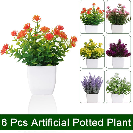 Yoratee Artificial Small Plant 6pcs Fake Flower Potted Plant Bathroom Faux Plant for Indoor Decor Window Tabletop Office Colorful Flower