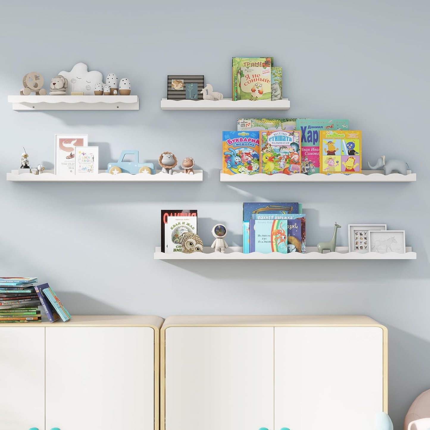 Fun Memories Picture Ledge Shelf for Wall, 24 inch Pine Wood Nursery Book Shelves Set of 2- Wall Book Shelves for Kids Room, Home Decor - Kitchen Spice-White