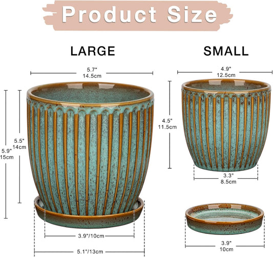 Oairse Ceramic Pots for Indoor Plants, 4.9 +5.7 inch Set of 2 Brown Plant Pots with Drainage Holes and Saucers Texture Ceramic Planters Indoor Outdoor Flower Planters for Succulent