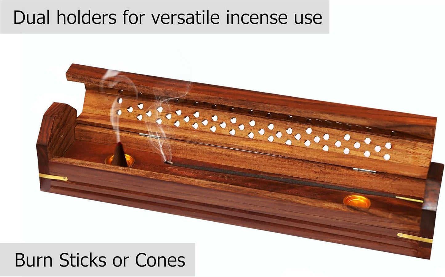 Sheesham Wood Incense Burner - Handmade Coffin Style Sun and Moon Inlay Incense Holder - Aromatherapy Room Freshener Cone Incense Stick Burner Ash Catcher - Zen Home Gift - 12x2x2 - COTTON CRAFT