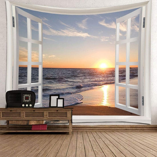 Homiest 3D Ocean Tapestry Wall Hanging Sun Sunset Sea Beach Landscape Tapestry Window Tapestries for Bedroom Living Room Home Decor 51x59 Inches