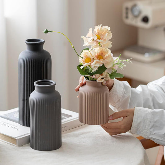 Modern Ceramic Vase Set, Earth Tone Natural Color Ribbed Matte Design, 3-Piece Decorative Vases for Home, Living Room, Office (Coffee Mix)
