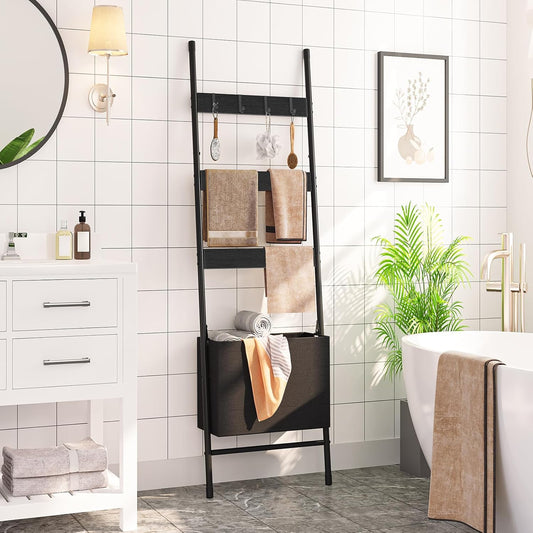HOOBRO Blanket Ladder with Basket, 17.3”L x 63.4”H, Towel Rack with Hooks, Blanket Holder Rack, Decorative Ladder Shelf, Drying and Display Rack for Bathroom, Living Room, Rustic Brown BF31CJ01