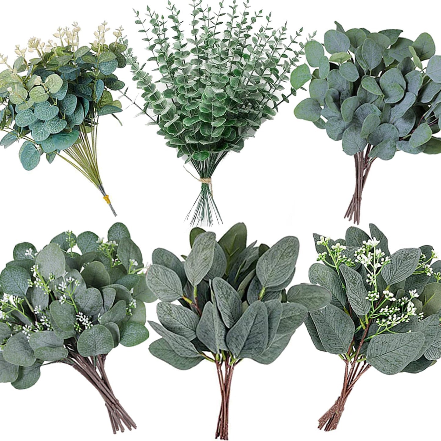 120 Pcs 6 Kinds Mixed Eucalyptus Leaves Stems Bulk Artificial Silver Dollar Leaves Picks Dried Eucalyptus Bundle Faux Spray for Wedding Vase Bouquet Decor (Eucalyptus Leaves Stems-120)