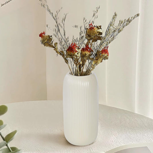 Ceramic Vase for Flowers – Modern Small Ribbed Textured Flower Vase for Home Decor, Pampas Grass, Decorative, Farmhouse, Coffee Table, Kitchen Centerpieces, Bookshelf and Home Living (White)