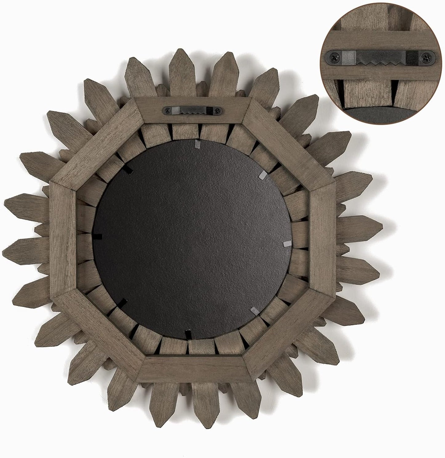 Honiway Wall Mirror Decorative 12 inch Rustic Wood Mirror Sunburst Boho Mirror for Entryway Bedroom Living Room Bathroom House Warming Gifts New Home Essential Carbonized Black