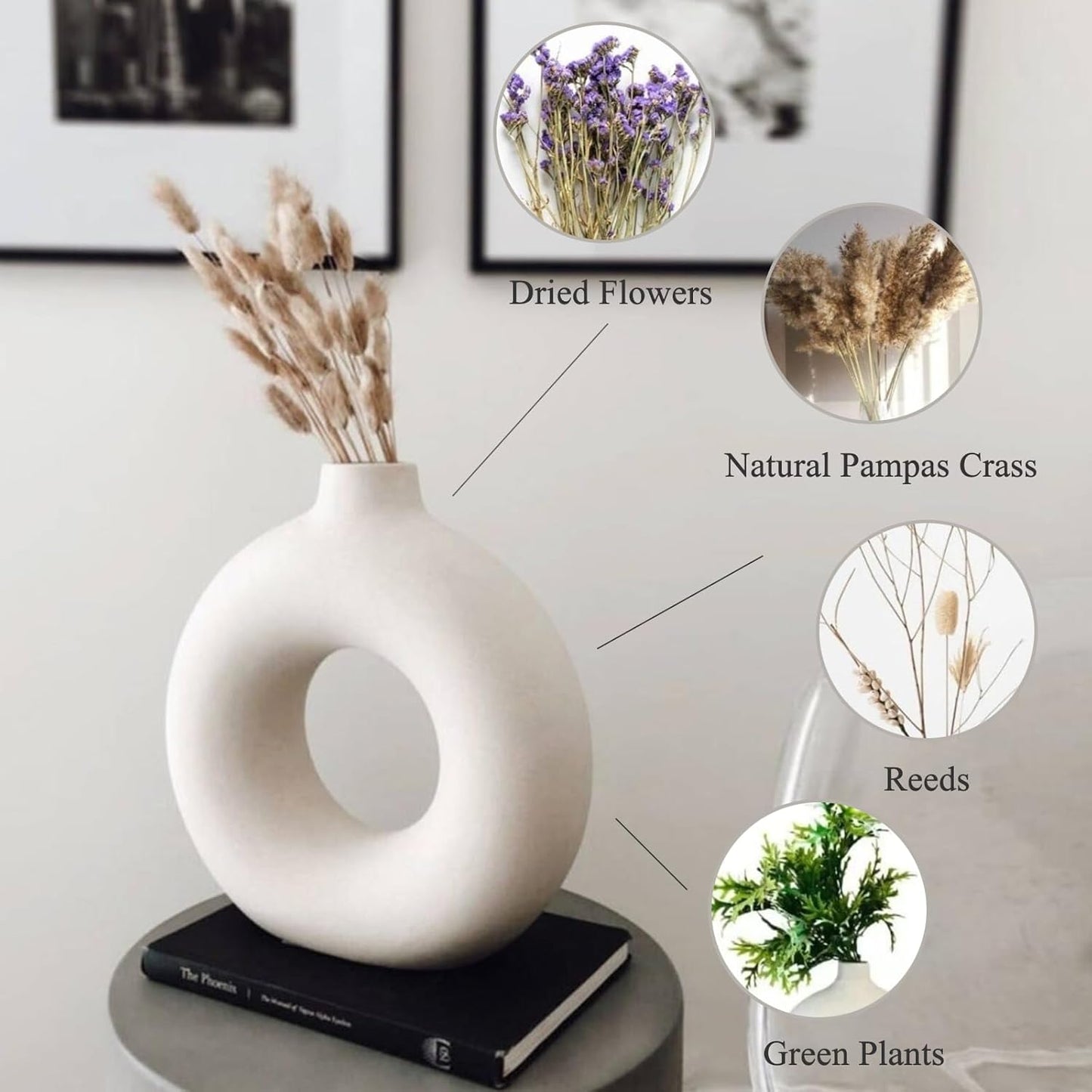 White Ceramic Donut Vase Set of 2, Hollow Matte Pampas Flower Vases for Boho Home Wedding Party Room Dinner Table Shelf Decor.(White)