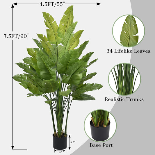 Bird of Paradise Plant Artificial 7.5FT - Tall Faux Plants Indoor with 34 Lifelike Leaves Trunks, 96" Large Fake Tropical Floor Plant for Home Office Living Room Bedroom Indoor Decor