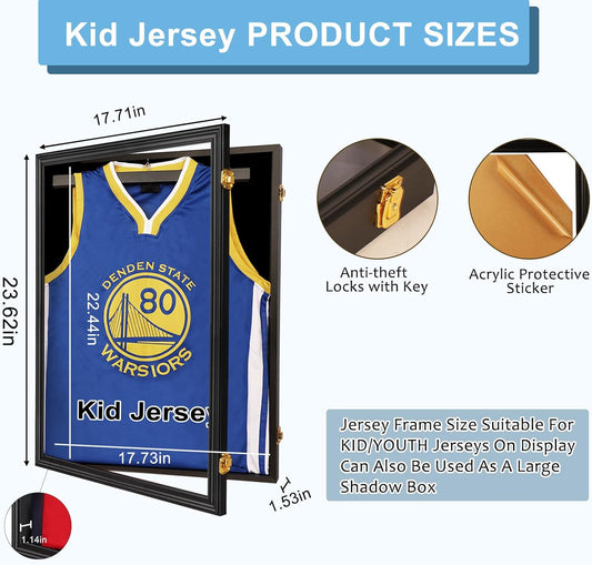 Large Lockable Jersey Frame Display Case Wall Mount, T-Shirt Shadow Box with Clear UV-Protective Acrylic, Hangers Linen Backing for Football, Basketball, Baseball