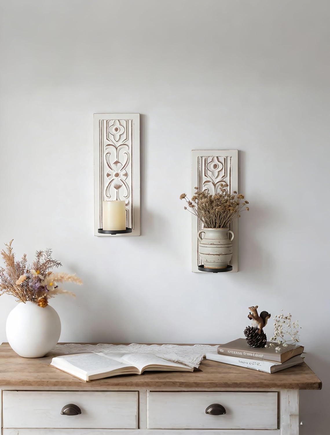 Farmhouse Wood Candle Sconces Wall Decor - Set of 2 Walasis Rustic Wall Candle Holder Decorative Carved Brown Candle Sconce Farmhouse Art Distressed Pillar Candles Holder for Fireplace Decor