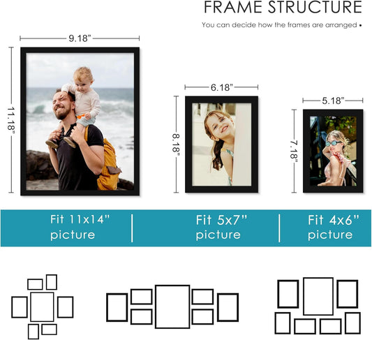PEALSN 10 Pack Collage Picture Frames, Gallery Wall Frame Set with Two 8x10, Four 5x7, and Four 4x6, Multiple Photo Frames for Wall Gallery Decor, Black