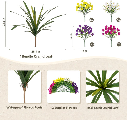 INXUGAO Artificial Flowers for Outdoors Fake Plants Outside, 12 Bundles Silk Morning Glory with Eucalyptus + Orchid Leaf UV Resistant Realistic Faux Flowers for Porch Planter Garden Patio (Mix Color)