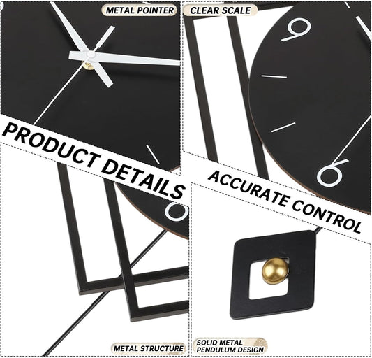 Wall Clock with Pendulum,Silent Quality Quartz Battery Operated,Modern Large Wall Clocks for Living Room Kitchen Home Bathroom Bedroom Wall Decor,16.2x26Inch(Black)