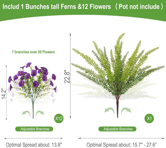 Hrobek Artificial Flowers for Outdoors Faux Plants Outside Indoor,UV Resistant Silk Fake Morning Glory Tall Ferns for Home Patio Garden Back Yard Front Porch Decor Spring Summer(13 Bunches,White)