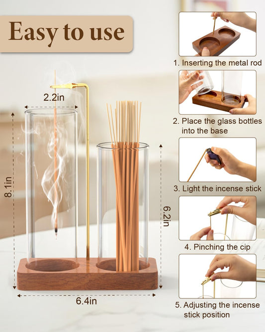 2 in 1 Incense Holder with 7.8" & 5.9" Glass Jars, Large Incense Holder for Sticks, Upside Down Incense Burner with Ash Catcher & Storage for Meditation Yoga Spa Home Decor - 20 Incense Sticks & Brush