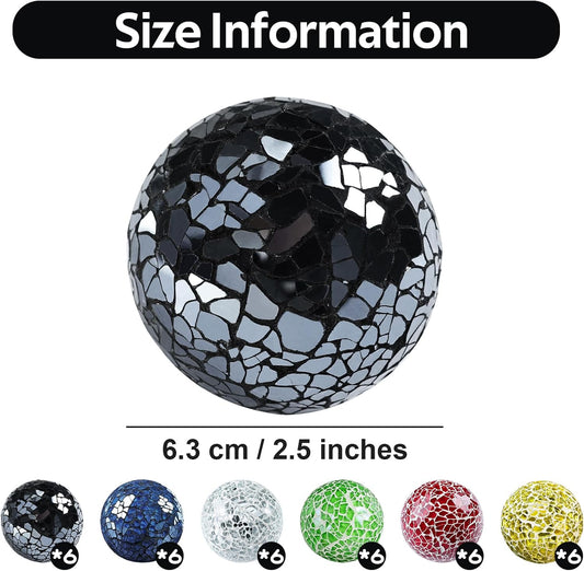 2.5 Inch Glass Balls Decorative for Bowl Blue 6 PCS Mosaic Crack Orbs Set Solid Round Sphere Globe Vases Filler Coffee Table Holiday Ornaments Mantle Decor Modern
