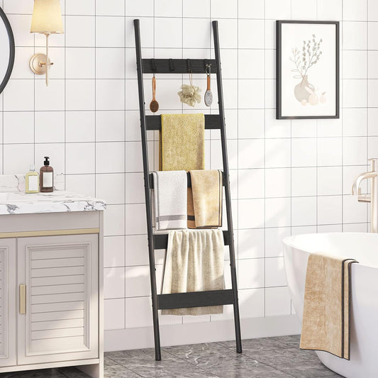 HOOBRO Blanket Ladder, 5-Tier Towel Rack with Hooks, Wall-Leaning Blanket Rack, Decorative Display Ladder Shelf, for Scarves, Industrial, Living Room, Bedroom, Rustic Brown and Black BF52CJ01