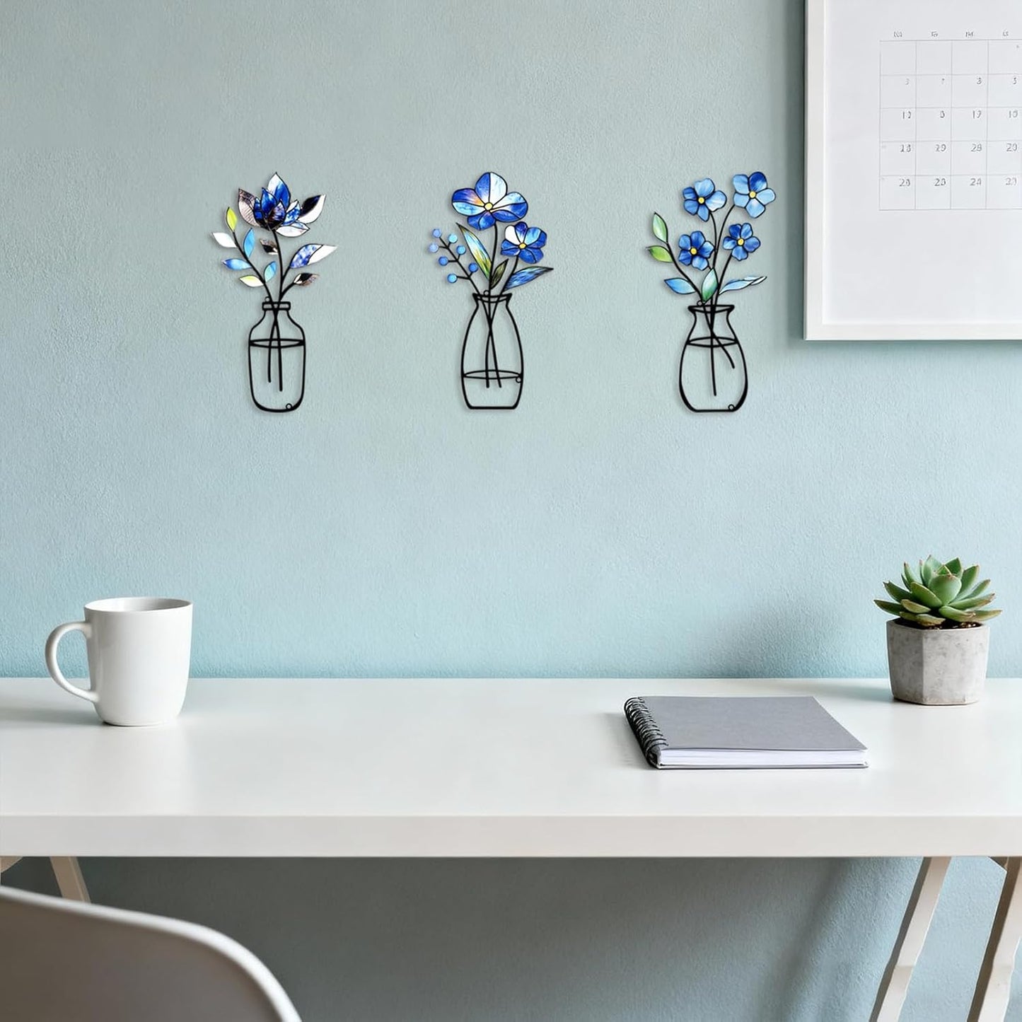 3 Pcs Metal Vase Wall Arts,Iron Art Painting,Rustic Farmhouse Decor Minimalist Flower Wall Decor for Bedroom Bathroom Living Room Dining Room(Blue, Vase-D)