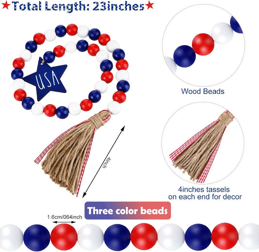 3 Pieces Independence Day Wood Bead Garland with Rustic Tassels 250 Th 4 of July USA Patriotic Wood Bead with American Flag and Wooden Heart Sign for Farmhouse Wall Hanging Prayer Beads Boho Decor