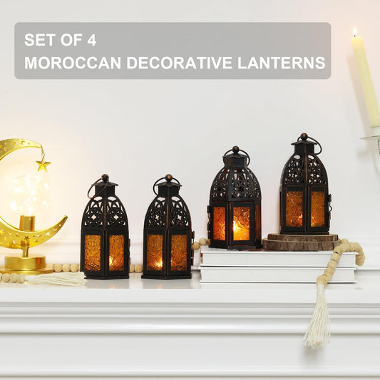 NEEDOMO 11'' Moroccan Lanterns Decorative Indoor & Outdoor, Vintage Christmas Candle Holder, Metal Lanterns Decorative, Table, Patio, Porch, Shelf, Christmas Spring Halloween Home Decor (Amber)