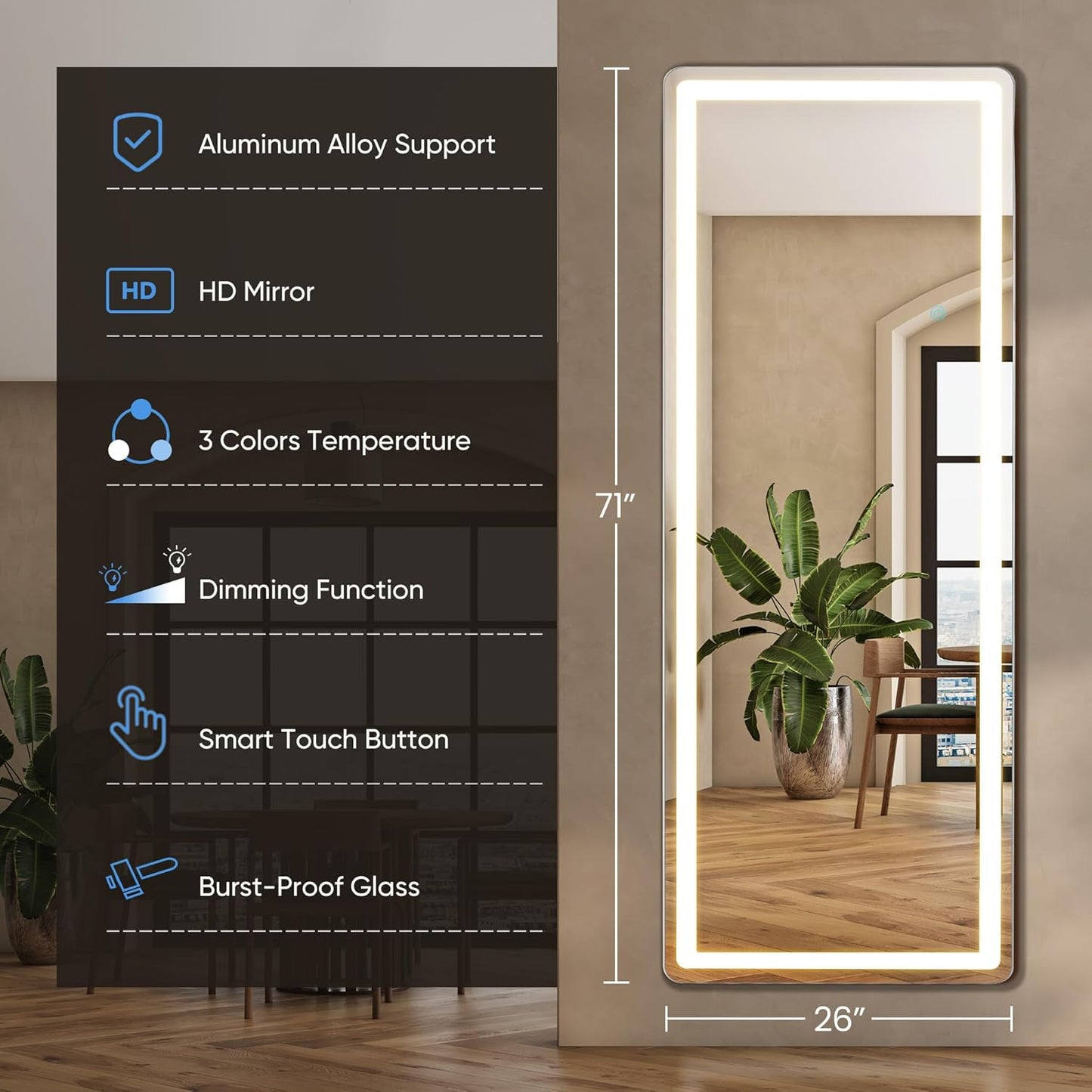 Mirror Full Length, Upgraded Body Wall Mirrors with Shatter-Proof Glass, Floor Standing, Hanging or Leaning, Tall Mirror with Stand Aluminum Alloy Frame for Bedroom