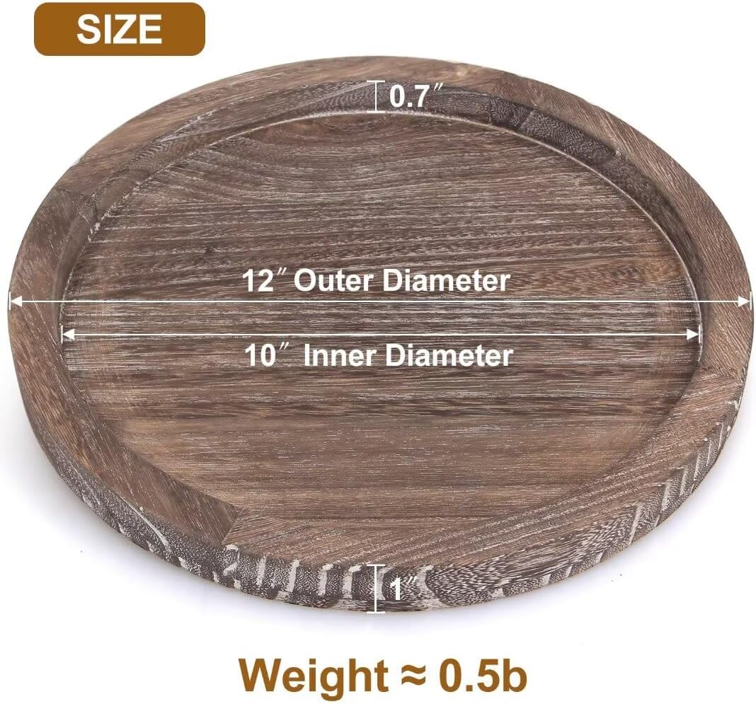 Round Decorative Tray for Coffee Dining Table Countertop Small Wooden Serving Trays Farmhouse Kitchen Home Living Room Decor and Bathroom Accessories Tray Black Rustic Wood Candle Centerpiece Trays
