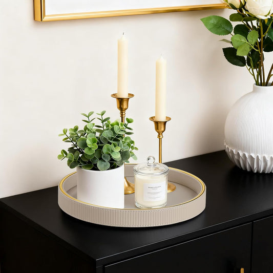 Round Decorative Tray for Coffee Table Decor, PU Leather Coffee Table Tray Golden Trim for Home Decor Living Room Dining Table, Perfume Trays Nightstand Organizer (Green)