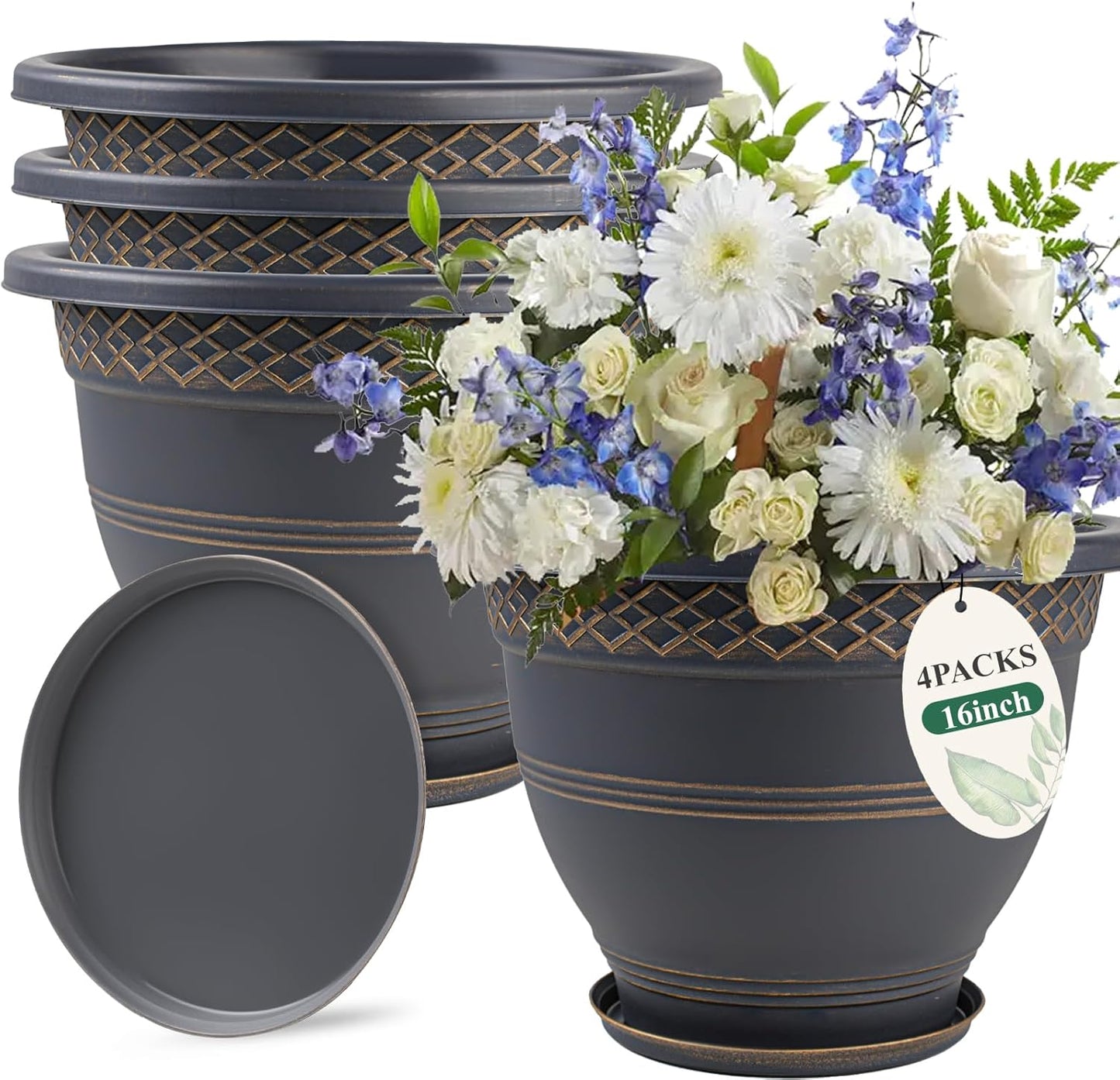 Usocik 10 Inch 4 Pack Plant Pots, Plastic Flower Pot for Indoor & Outdoor with Drainage Holes & Saucer, Plaid Pattern Planters Garden Pots for Herbs