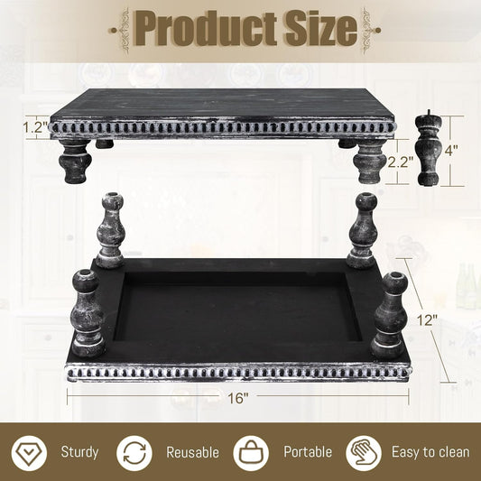 MAONAME Wood Display Risers Decorative Tray, Farmhouse Pedestal Stand for Display Home Decor, Vintage Brown Beaded Wooden Tray for Kitchen Counter, Short and Tall Footed