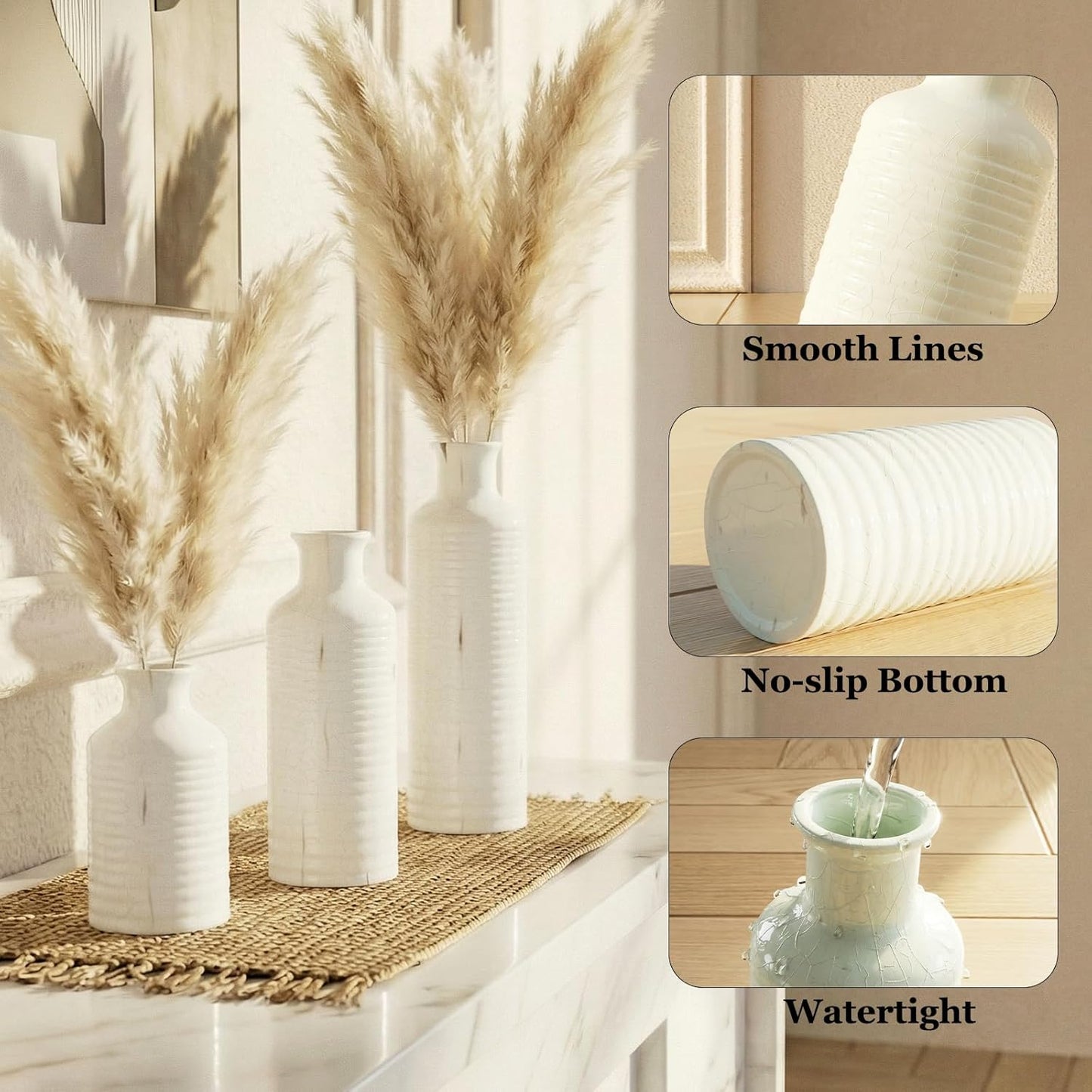 Firehold Ceramic Vase Set of 3, Rustic Home Decor Vases for Modern Farmhouse, White Boho Flower Vases for Shelf, Mantel, Table Decor, Small Decorative Vase for Dried Flowers & Pampas Grass
