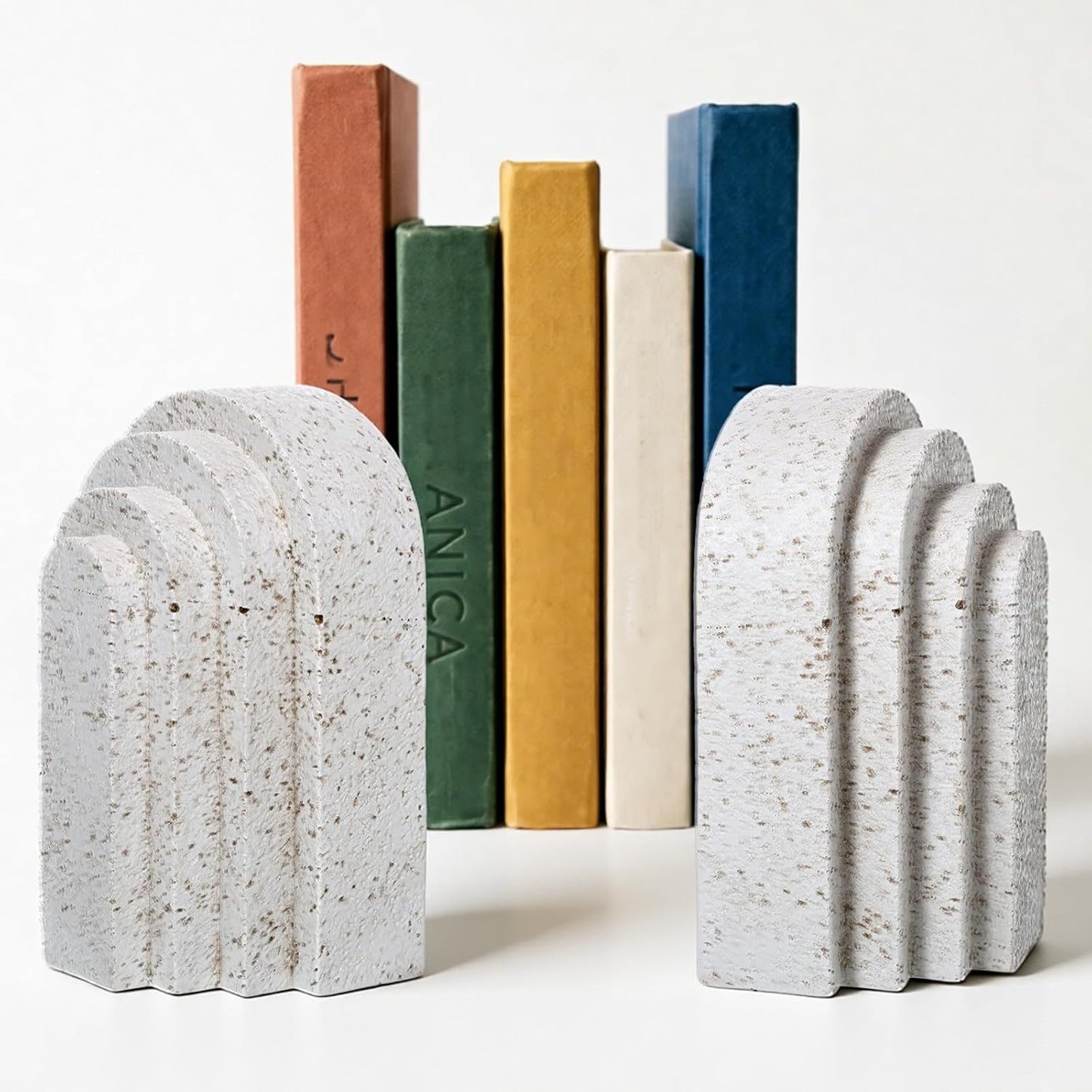Heavy Duty Book Ends for Shelves, Decorative Book Stopper for Shelves, Resin Decor Bookends for Heavy Books, Modern Pleasing Layered Arch Design Aesthetic Bookend for Bookshelf, Home, Office