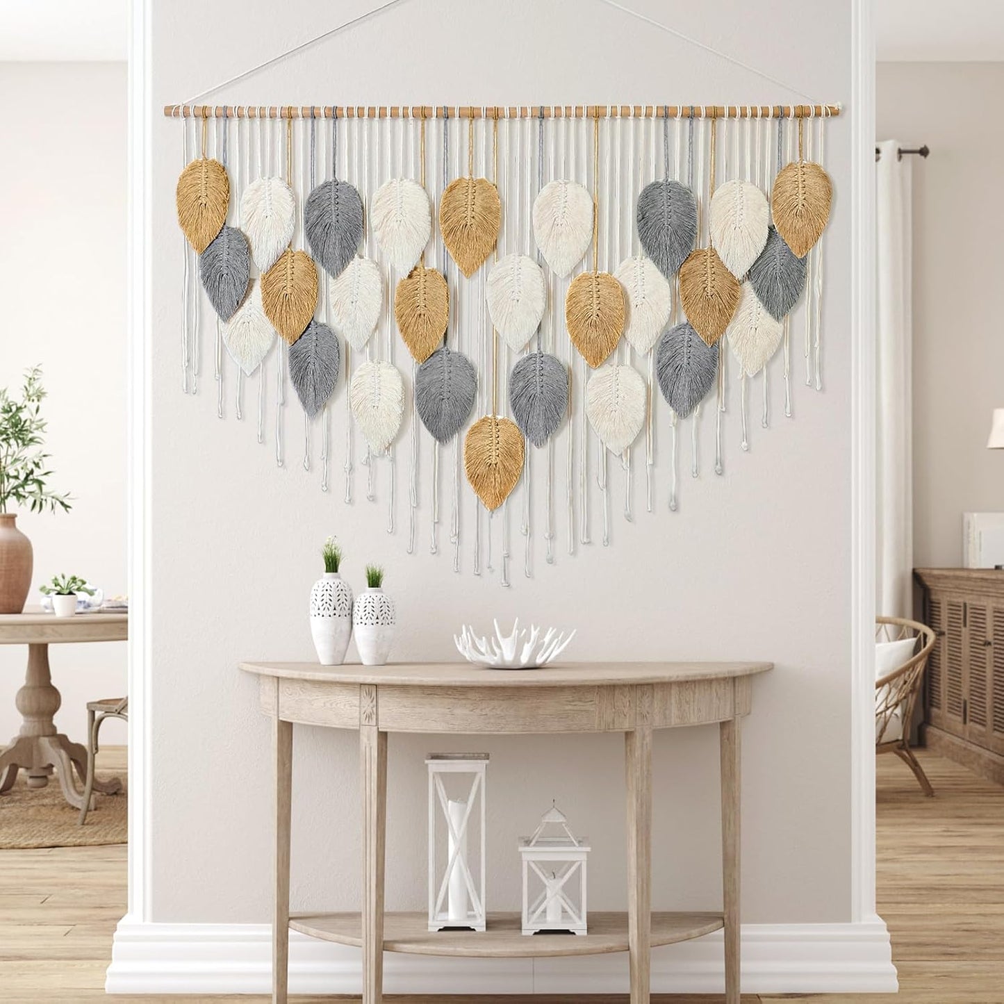 KHOYIME Large Macrame Wall Hanging Boho Woven Tapestry, Chic Home Decor Modern Bohemian Handmade Leaf Feather Wall Art Decorations for Apartment Dorm Living Room Bedroom Nursery Backdrop 39"W X 29.5"L