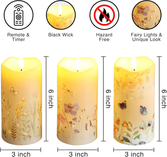 Eywamage Fiber Optic Flameless Pillar Candles with Remote Set of 3, Butterfly Floral Spring LED Candles Battery Operated Gift Φ 3" H 6"