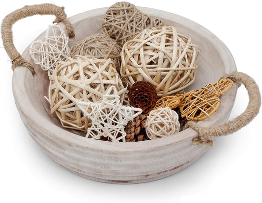 Wooden Decorative Bowls, 11.2 Inch Premium Round Serving Bowl with Rope Handles for Home Decor, Round Paulownia Wood Centerpiece Bowl for Coffee Table(Natural)