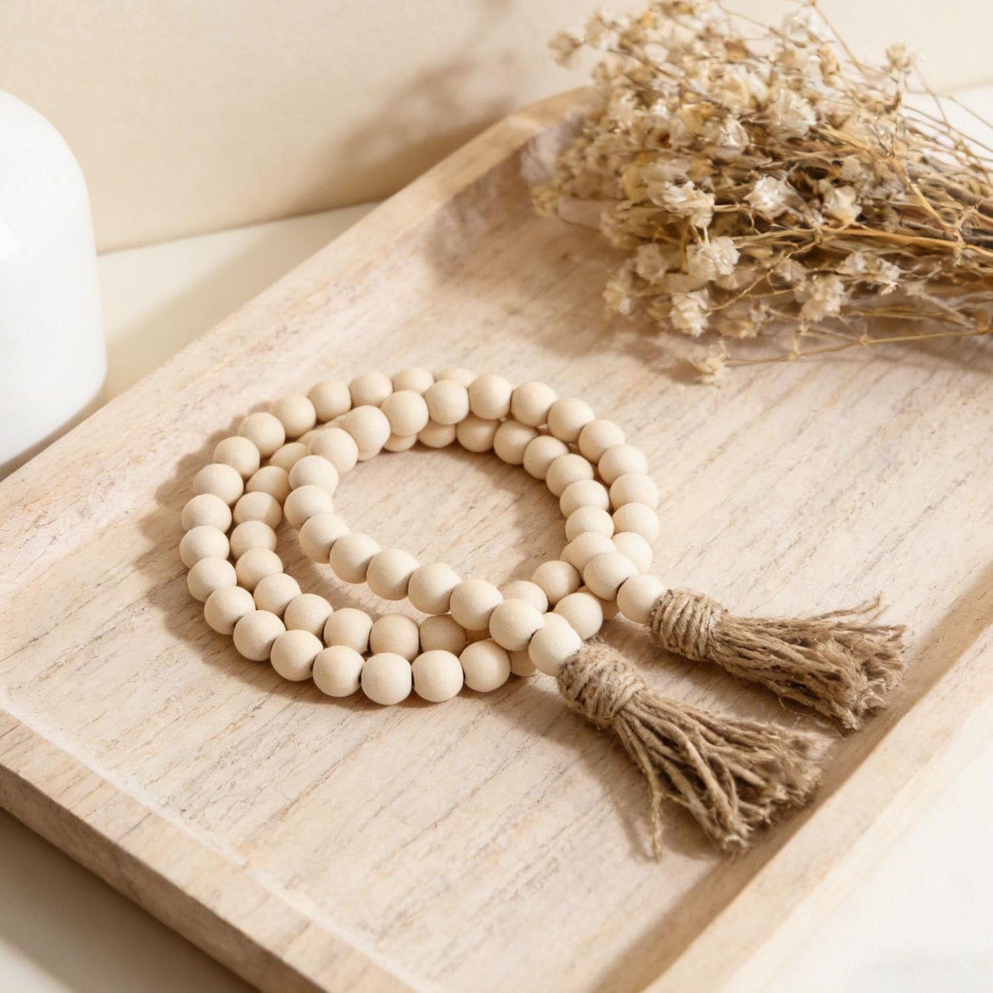 Farmhouse Decor, 59in Wooden Beads Garland with Tassels, Rustic Farmhouse Prayer Boho Beads for Coffee Table Wall Country Decor