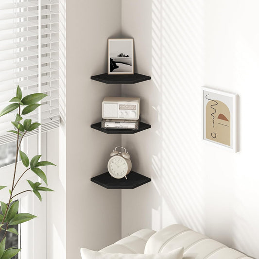 Fun Memories Corner Shelf Wall Mount, Floating Corner Shelves, Set of 4 Corner Wall Shelf Organizer, Rustic Wood Wall Storage Display Shelves for Living Room Bedroom Bathroom Kitchen, Classic Black