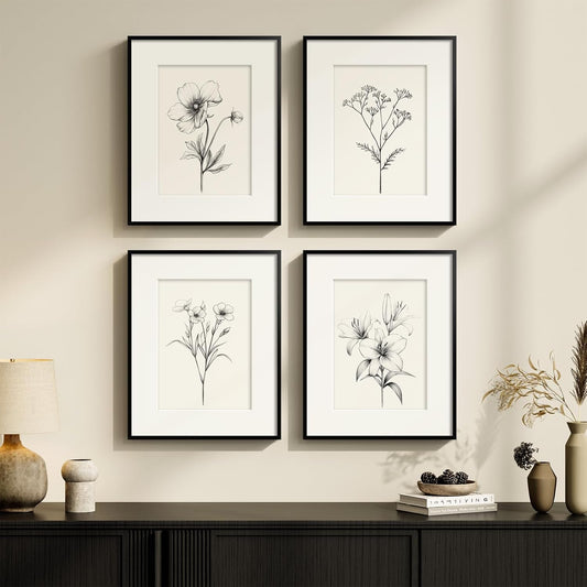 Framed Botanical Wall Art for Living Room, 4 Piece Rustic Floral Canvas Paintings Prints, Vintage Flower Pictures for Farmhouse Dining Room Hallway Bedroom Kitchen Bathroom Wall Decor, 12x16 Inch