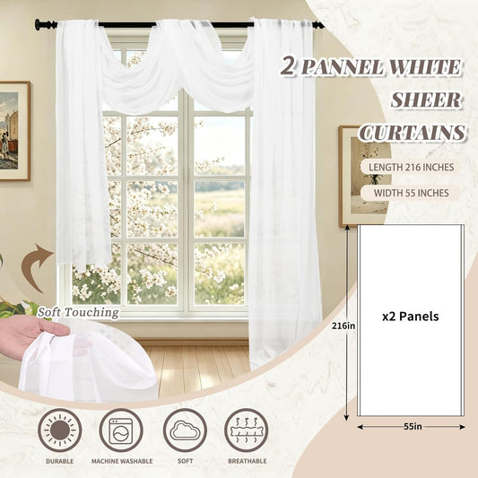 Showgeous 1 Panel White Window Scarf Valance Sheer Curtain Scarf 55" x 216" Extra Long Topper Window Treatment Swag Curtain Drapes for Wedding Canopy Bed Curtains Scarves for Party Ceremony Home Decor